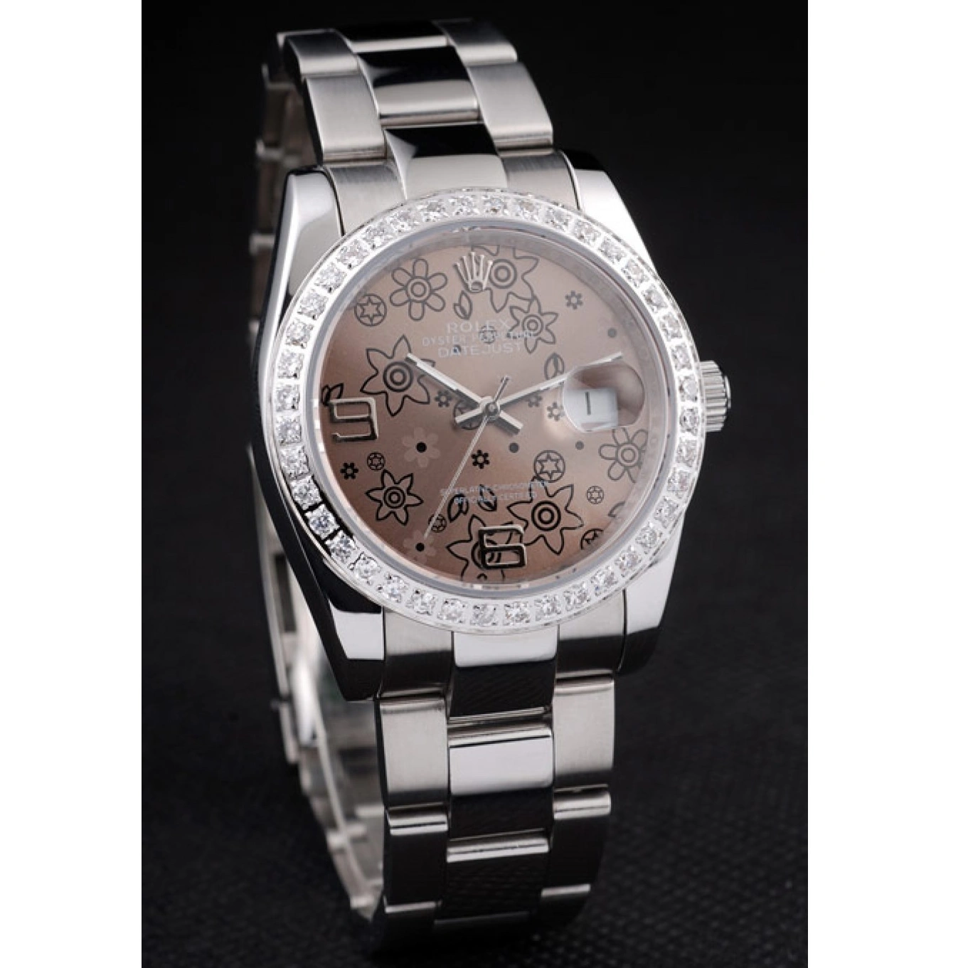 Aaa replica watch Polished Datejust Stainless Brown Steel Dial Diamond Flowers Plated Rolex 1025